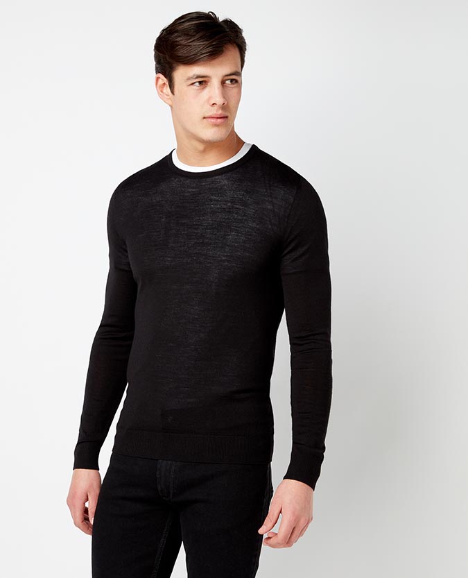 Black Merino Wool-Blend Crew Neck Sweater